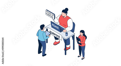 Isometric illustration of people at a registration desk with signs.