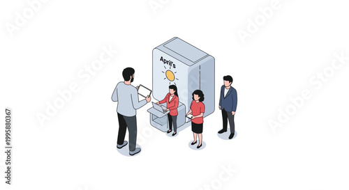 Isometric illustration of people at a promotional booth with products.