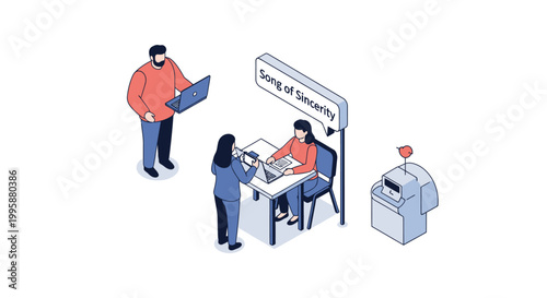 Isometric illustration of people at security checkpoint with laptop and sign.
