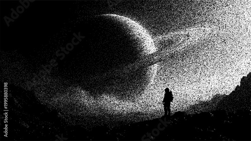 Astronaut standing on a rocky planet looking at a large ringed planet in space. Surreal monochrome landscape with grainy digital textures. Sci-fi exploration concept, cosmic travel scene.