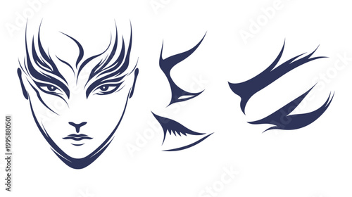 Stylized face and fragments, featuring geometric lines and shapes. Monochrome, minimalist artwork