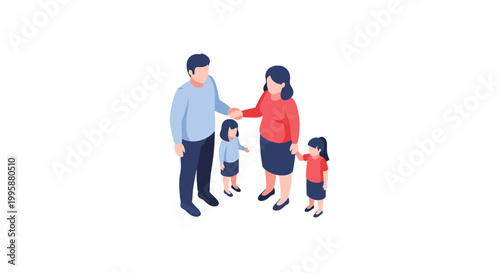 Isometric illustration of a happy family with two children, smiling together.