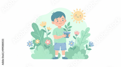 Cute cartoon boy holding a potted plant in a garden