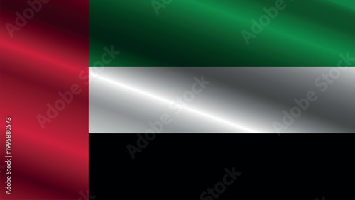Abstract waving flag of the United Arab Emirates with realistic silk texture and geometric polygon elements.