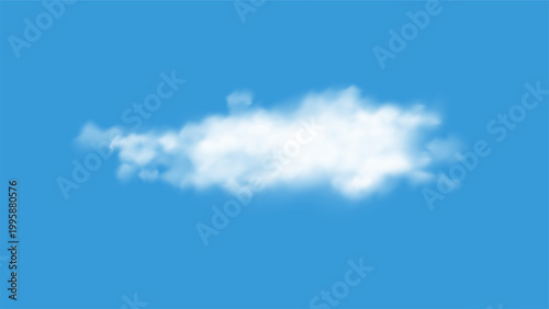 Single white fluffy cloud floating in blue sky. Realistic vector illustration of cumulus cloud. Meteorological weather element for design composition and background with copy space.