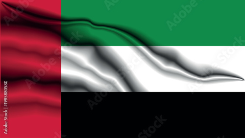 Abstract waving flag of the United Arab Emirates with realistic silk texture and geometric polygon elements.