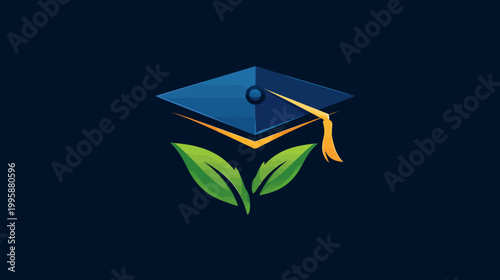 A graduation cap design featuring leaves. The cap is blue and the leaves are green, against a dark blue background