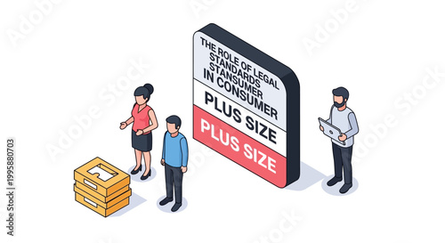 Isometric Illustration of People and a Plus Size Sign for Consumerism.