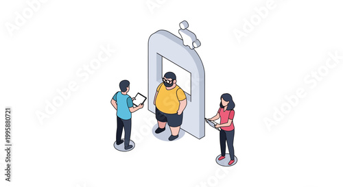 Isometric Illustration of People and a Security Scanner in a White Background.