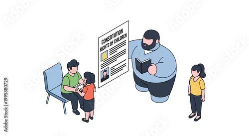 Isometric illustration of people and children with a document about rights.