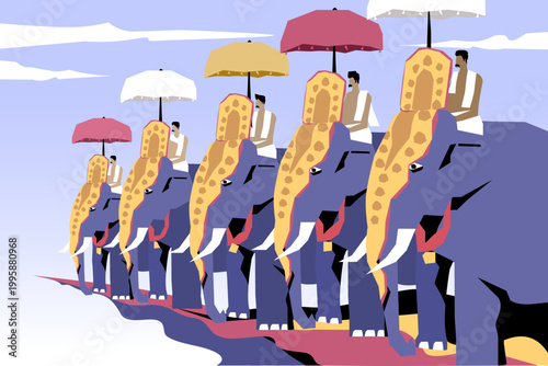Traditional Kerala temple festival procession with decorated elephants and parasols, illustrating South Indian cultural heritage and ceremonial grandeur
