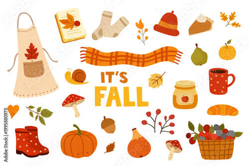 Autumn elements set with leaves pumpkins acorns cozy seasonal collection