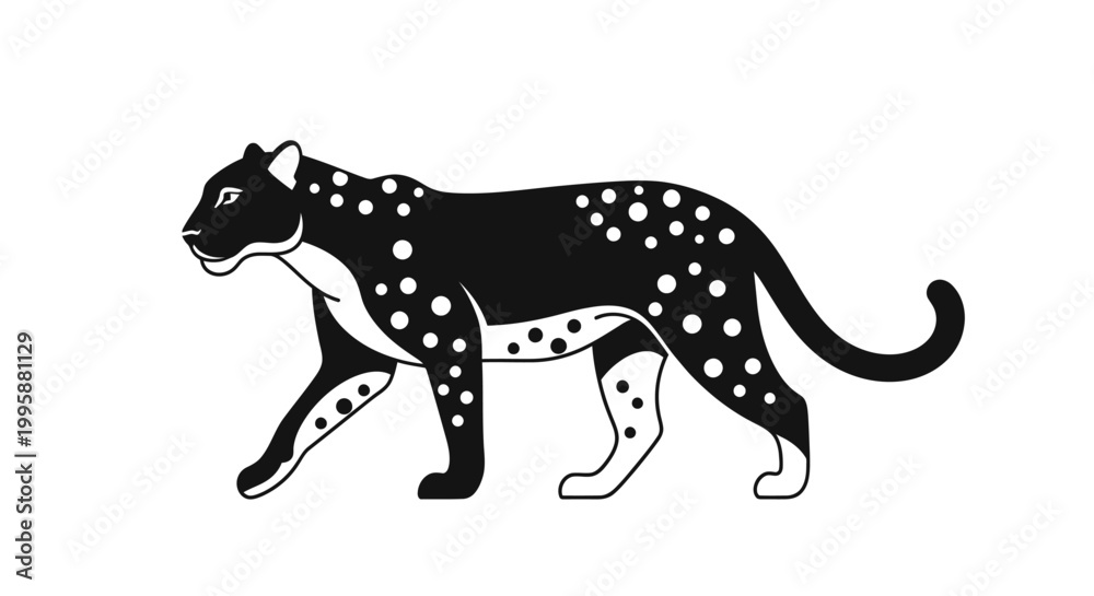 Fototapeta premium Stylized black leopard illustration walking in profile with white spots