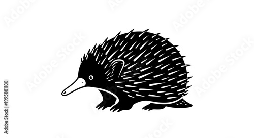 Stylized illustration of an echidna animal in black and white design