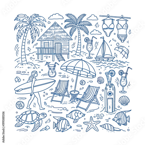 "Blue Hand-Drawn Tropical Beach Holiday Scene Featuring Huts, Palm Trees, and Ocean Waves"

