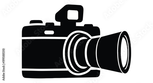 Black silhouette of a classic single lens reflex camera on a white background
