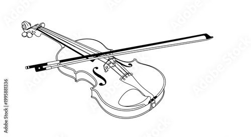 Violin with bow illustration detailed outline isolated on white