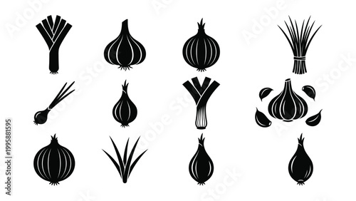 Black silhouette icons of various onions and shallots with green leaves  culinary vegetables