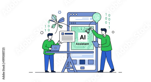 Dynamic Vector illustration of engineers developing and deploying an intelligent AI assistant application, showcasing collaborative software engineering and advanced technology