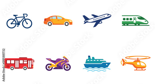 Various modes of transportation illustrated as colorful flat design icons