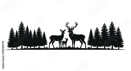 A majestic buck doe and fawn stand amongst silhouetted evergreen trees