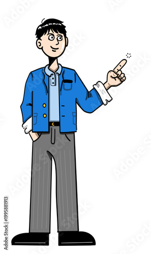 Cartoon Young Man Pointing Up - Vector illustration of smiling office worker in blue jacket pointing with sparkle effect. Ideal for idea, solution, attention, and motivation concepts
