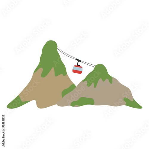 Cable car transporting people between green mountains