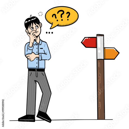 Cartoon Confused Businessman at Crossroads - Vector illustration of thoughtful office worker with question marks and direction signpost. Ideal for decision, choice, confusion, and business concepts