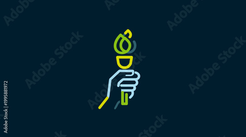 A stylized hand holding a torch with a flame, set against a dark blue background