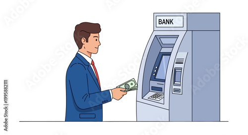 Vector illustration depicting a businessman making a secure cash withdrawal from an automated teller machine. Representing convenient financial transactions and modern banking services