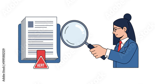 Vector illustration of a woman in a suit examining a document with a magnifying glass, indicating audit or investigation