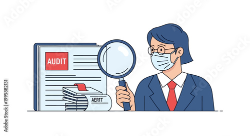 Vector Illustration of a Person in a Mask Reviewing Audit Documents with a Magnifying Glass, Business Concept