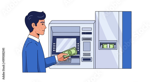 Man withdrawing cash from an ATM machine, illustrating financial transactions and banking convenience - Vector illustration