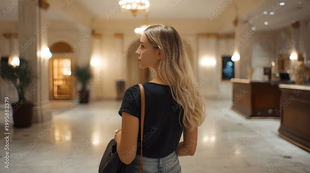 Fototapeta premium A blonde woman standing thoughtfully in the luxurious spacious lobby of a grand building