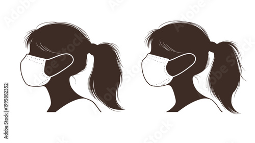 Silhouettes of two females with ponytails wearing surgical masks, side profiles, brown and white