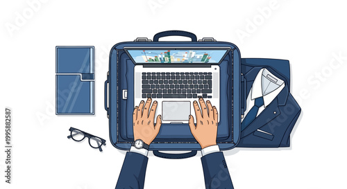 Vector Illustration of a Businessperson Working Remotely on a Laptop Inside a Suitcase, Representing Remote Work and Business Travel