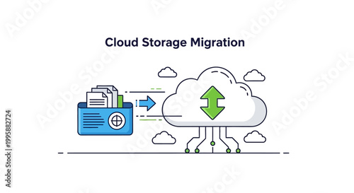 Vector illustration of secure digital data migration, transferring files from local storage to a cloud infrastructure for efficient data management