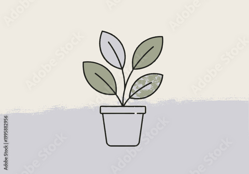 A minimalist line art illustration of a potted plant with green leaves, set against a subtle textured background
