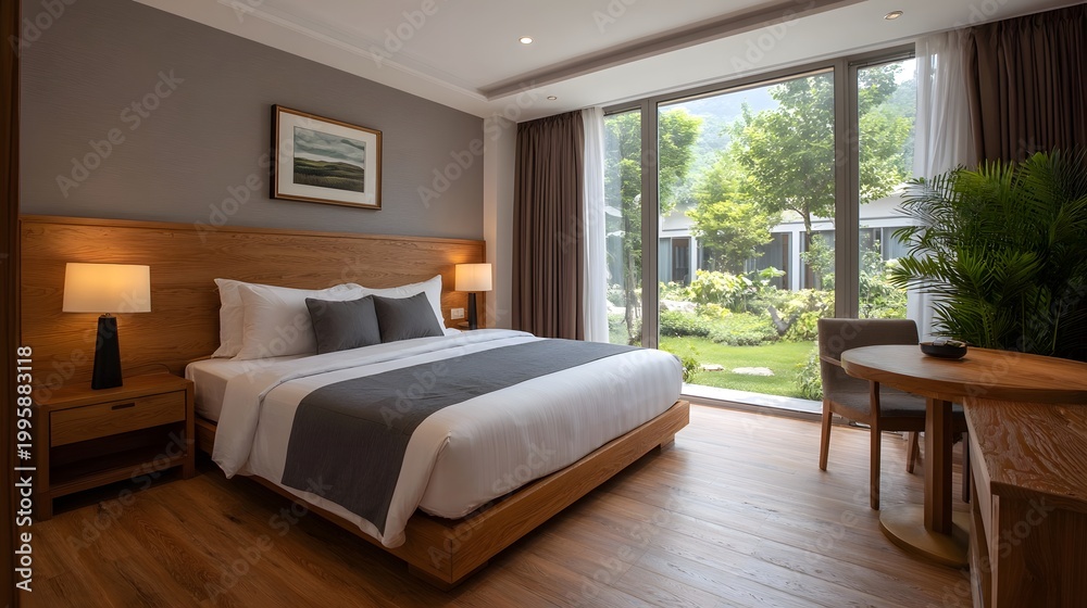 Fototapeta premium A spacious modern hotel room featuring comfortable bedding and large offering a peaceful view of the surrounding nature