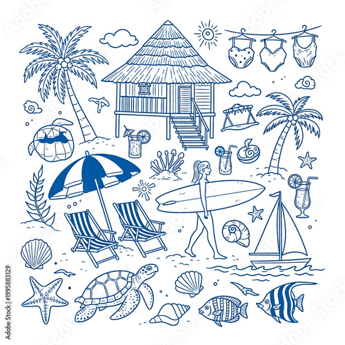 "Detailed Blue Hand-Drawn Tropical Beach Holiday Scene with Huts, Palm Trees, and Ocean Waves"

