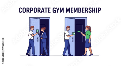 Corporate Gym Membership Vector Illustration of Employees Accessing Gym Facilities via Membership Card and App