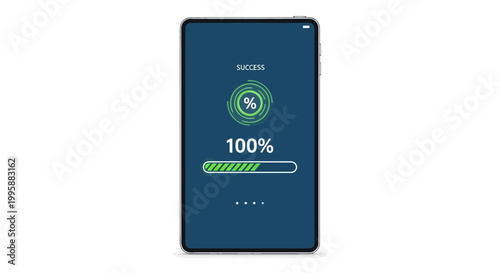 Digital progress indicator on a dark blue screen displaying 100% completion, a clean vector graphic for technology and success