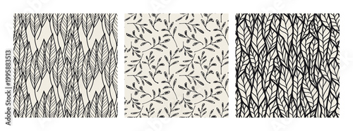 Vector seamless pattern set. Abstract floral tiles. Natural monochrome design. Creative background with branches and flowers. Creative spotty prints. Decorative organic swatches.