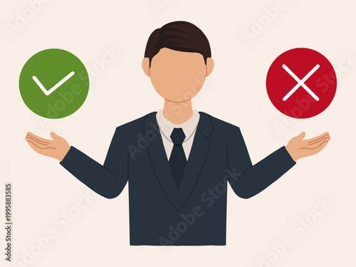 Businessman with checkmark and cross sign.  Right and wrong choice concept vector illustration