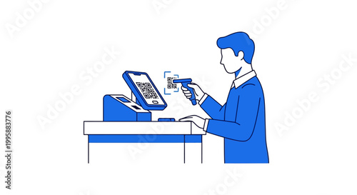 Vector illustration of a person utilizing a modern point-of-sale system for secure e-commerce QR code payment, showcasing efficient digital transaction methods and cashier interaction