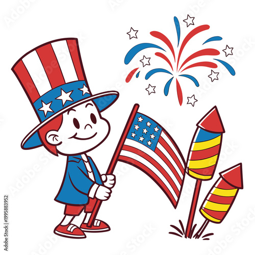 Patriotic cartoon boy holding American flag on 4th of July with fireworks