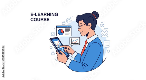 Engaged Learner Interacting with Digital E-learning Course Platform and Data Analytics, a Modern Vector Illustration for Online Education and Business Training