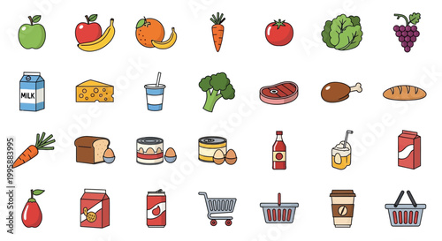 Colorful assortment of food items including fruits vegetables and grocery staples