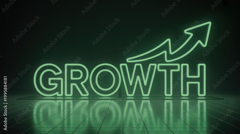 Fototapeta premium Green Neon Growth Arrow with Reflection on Dark Background