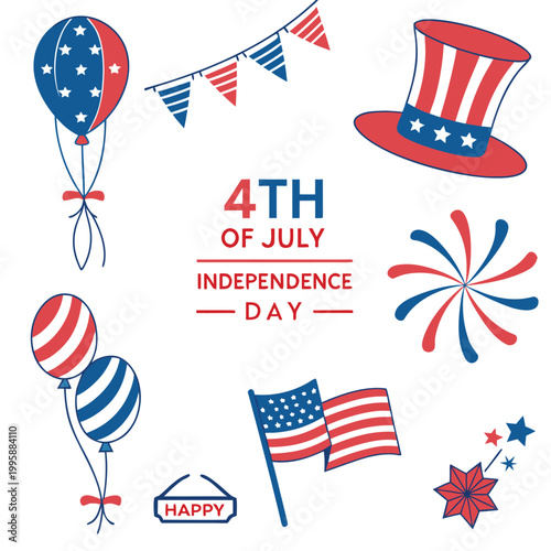 Patriotic 4th of July Independence Day celebration elements with balloons and flags